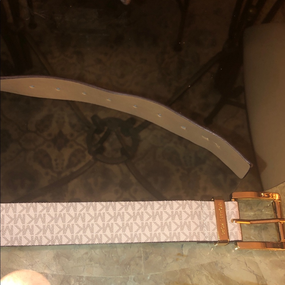 Michael Kors White/Tan Monogram Belt with Gold Buckle